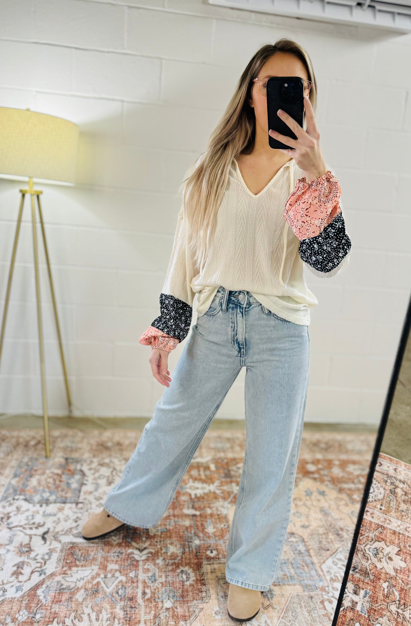 Floral Patchwork Knit Textured Top