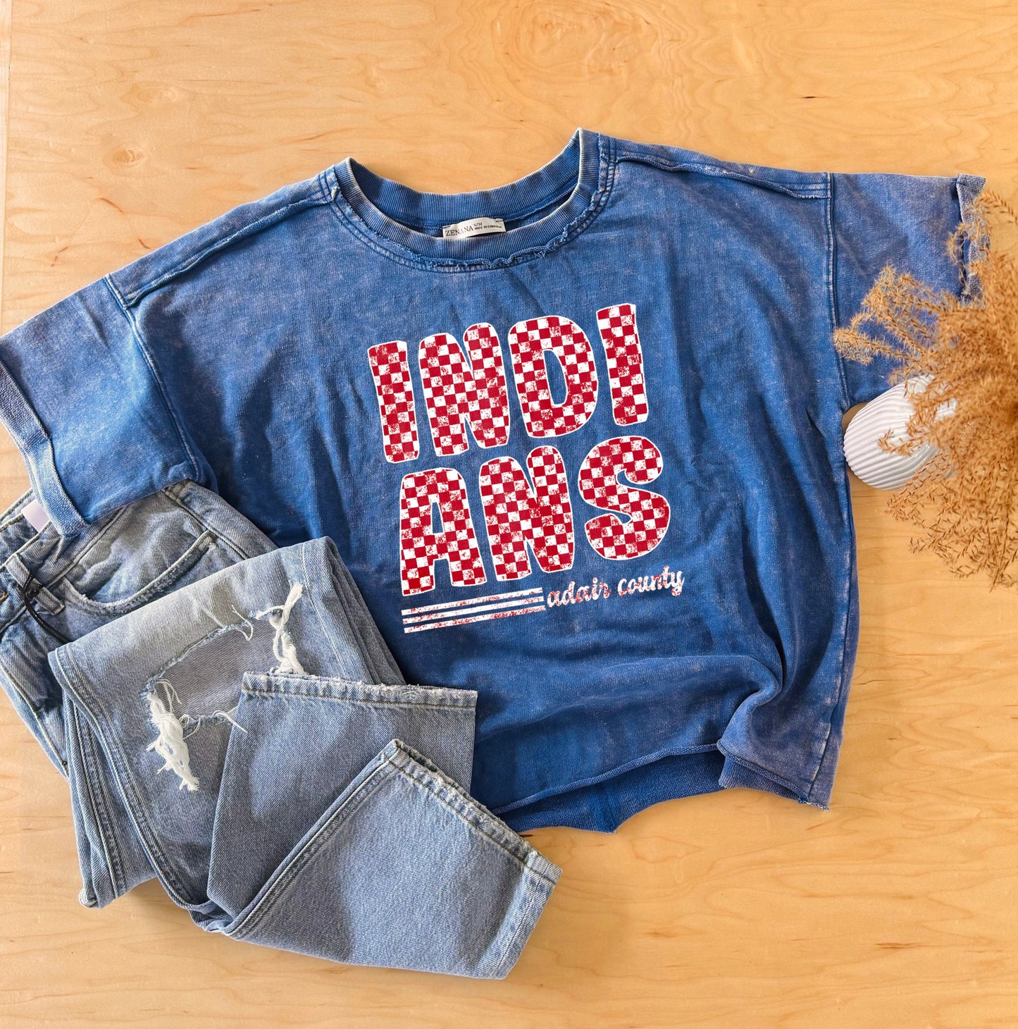 Checkered Indians Acid Wash Drop Shoulder Tee