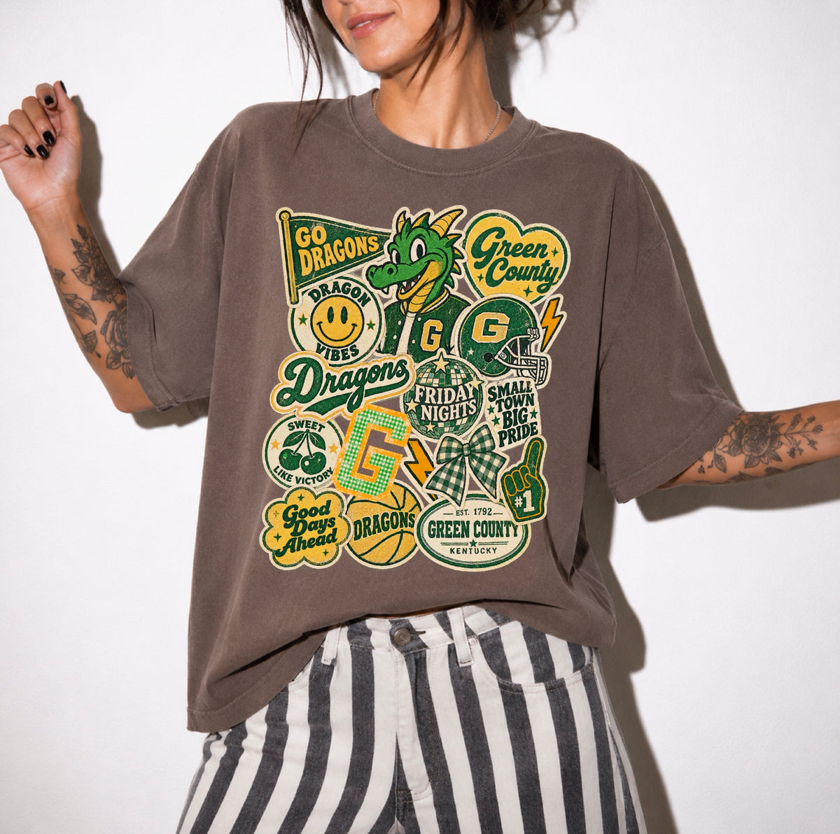 Green County Dragons Retro Sticker Collection Tee