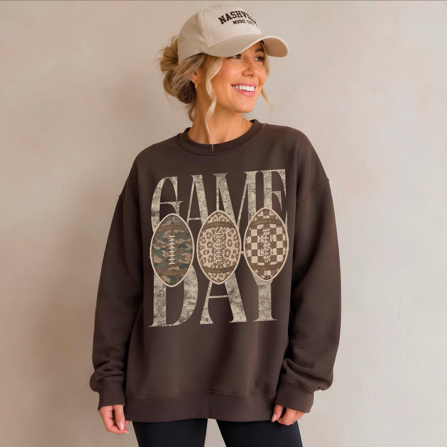 Game Day Faux Patchwork Footballs Sweatshirt