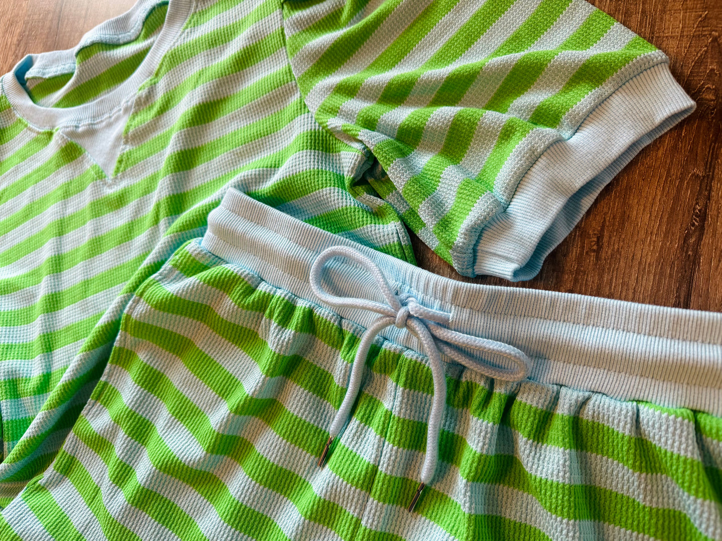 Blue + Green Striped Waffle Short Set