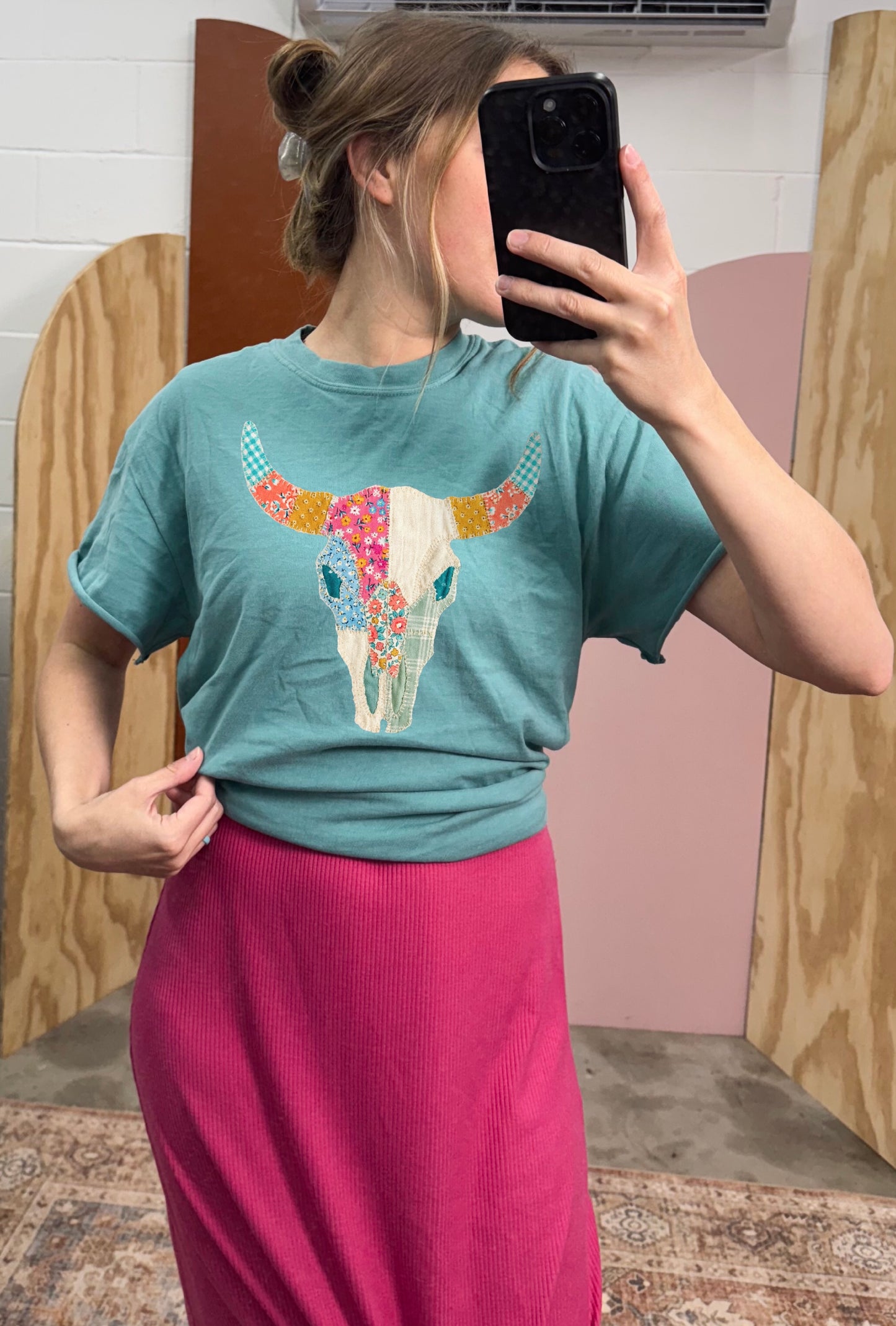 Faux Patchwork Bull Skull Tee