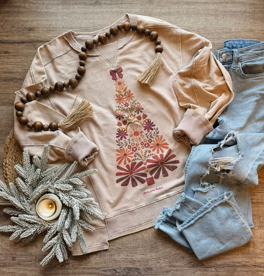 Floral Christmas Tree Acid Wash Lightweight Pullover