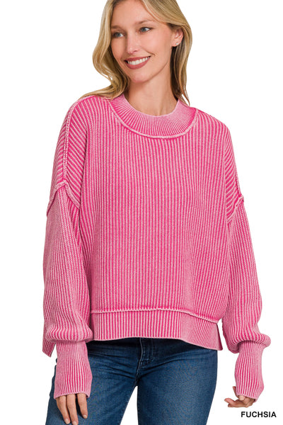 Acid Wash Cropped Knit Sweater - Fuchsia