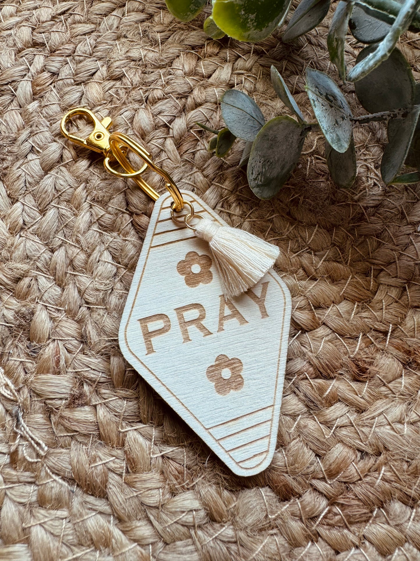 Wooden Tassel Keychain - Pray