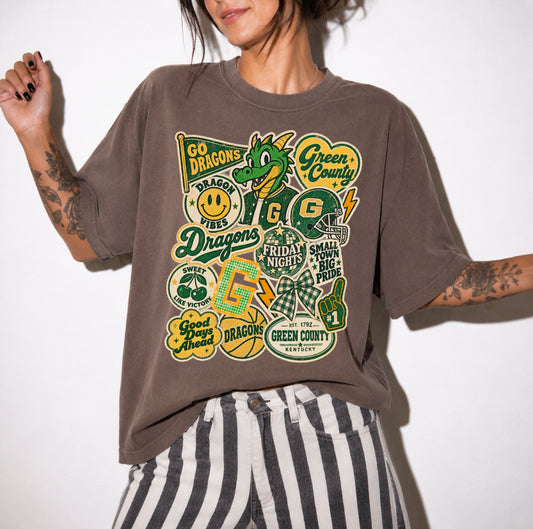Green County Dragons Retro Sticker Collection Tee