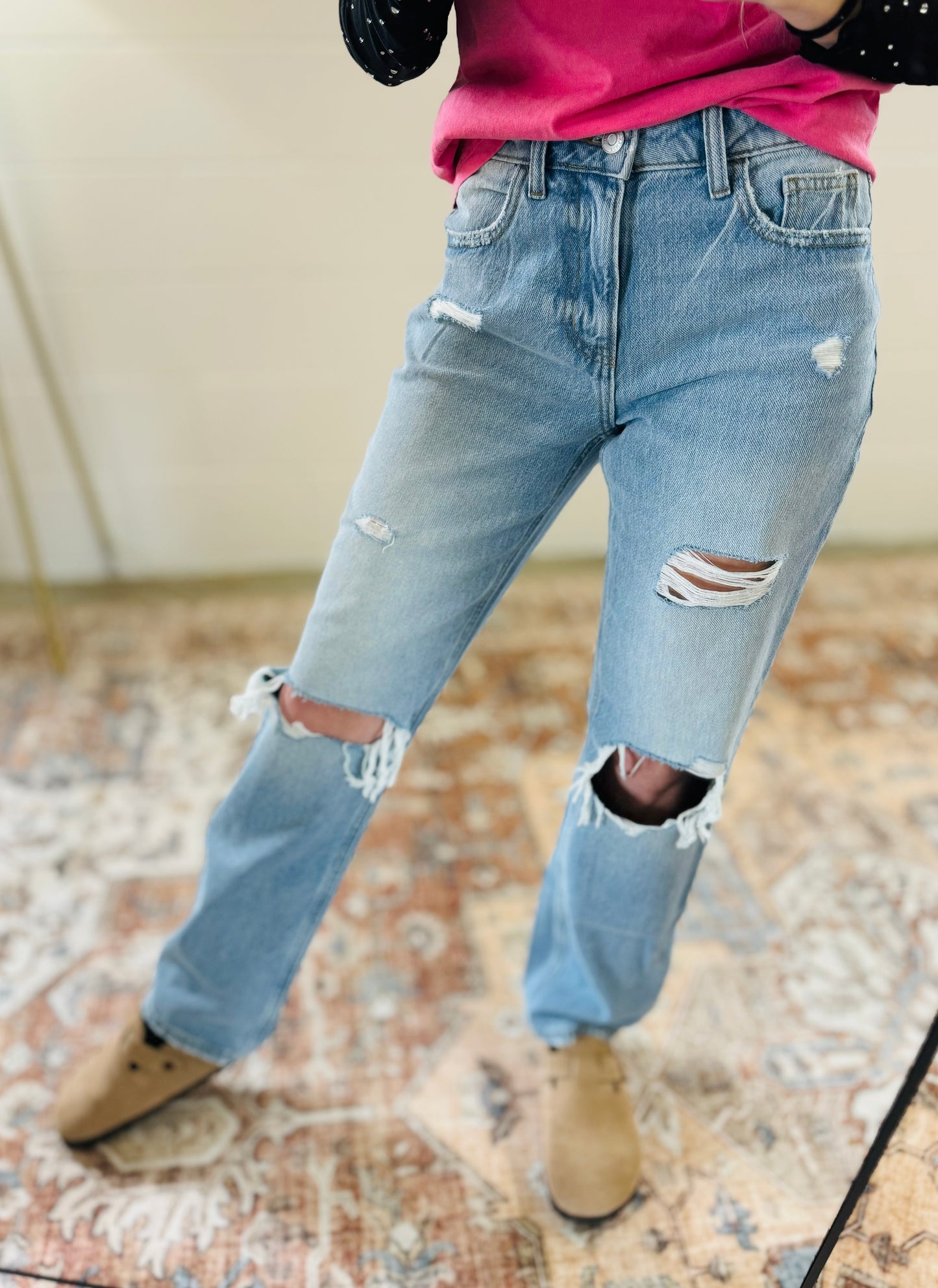 Zenana High Rise Straight Leg Distressed Jeans