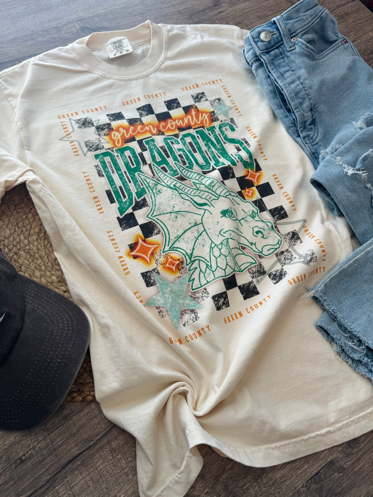 Checkered Stars Green County Dragons Tee