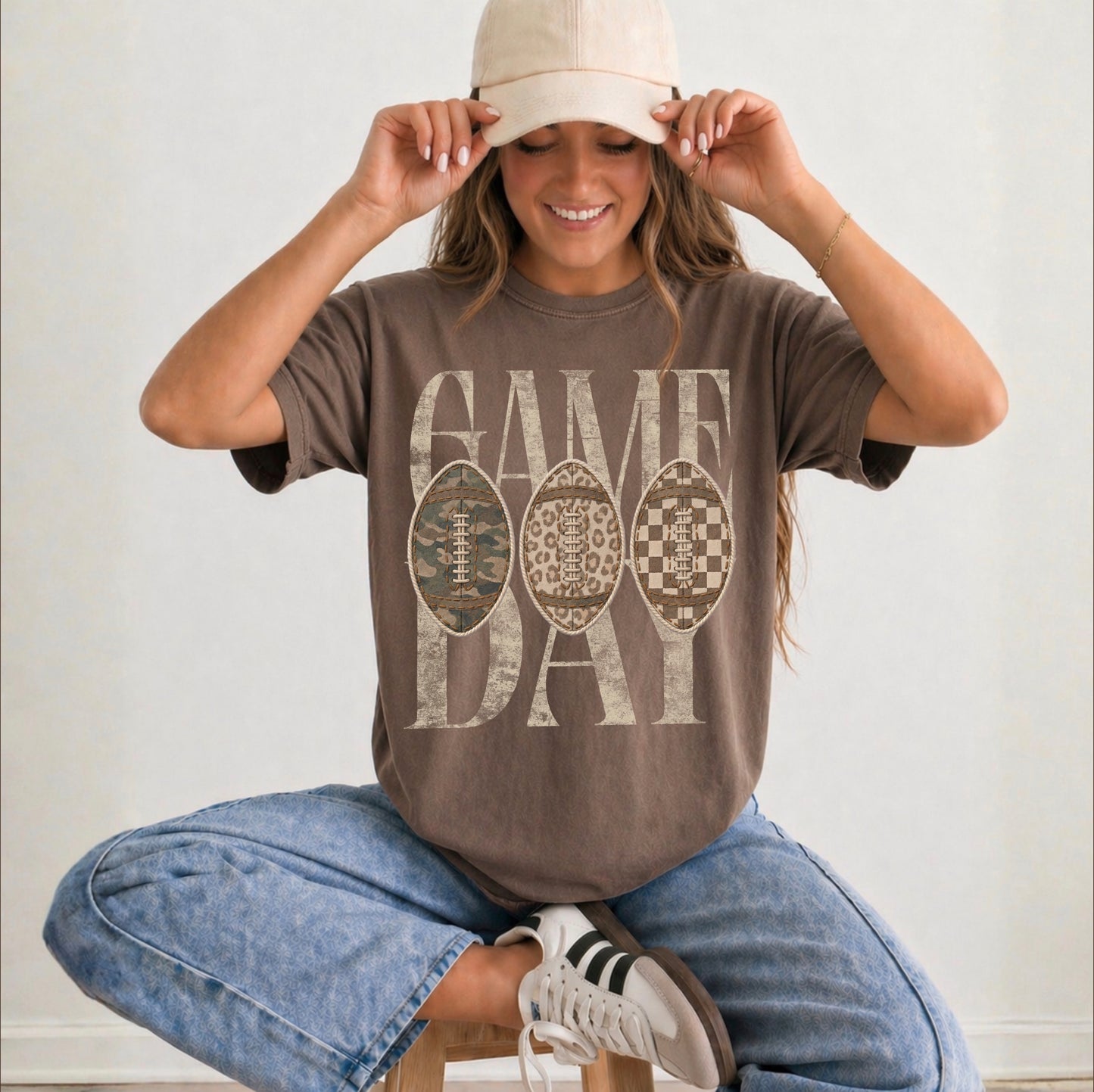 Game Day Faux Patchwork Footballs Tee