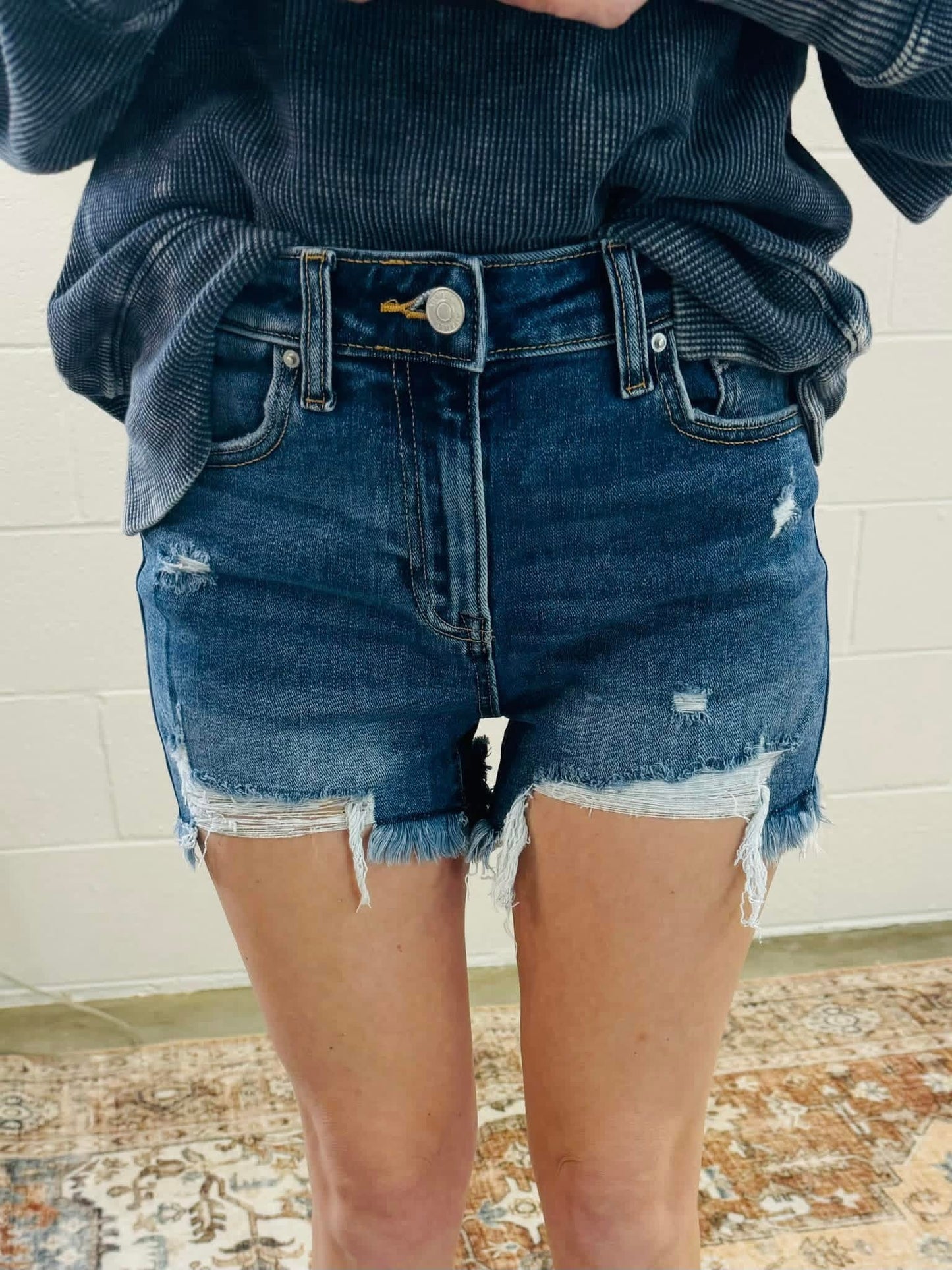 Zenana Distressed Dark Denim Shorts