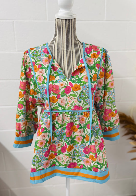 Floral Puff 3/4 Sleeve Babydoll Top