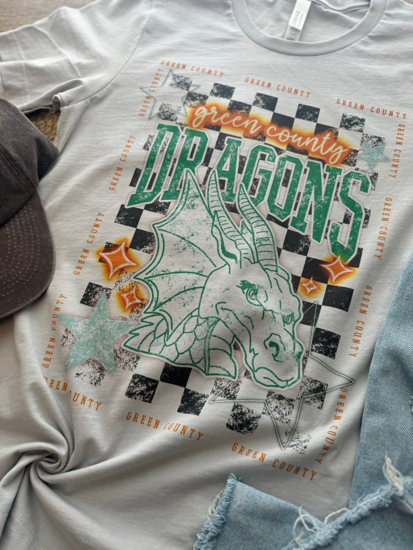 Checkered Stars Green County Dragons Tee