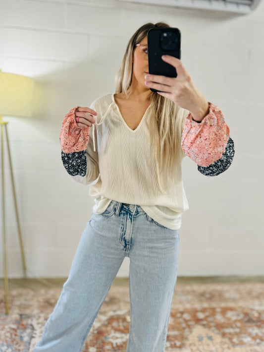 Floral Patchwork Knit Textured Top