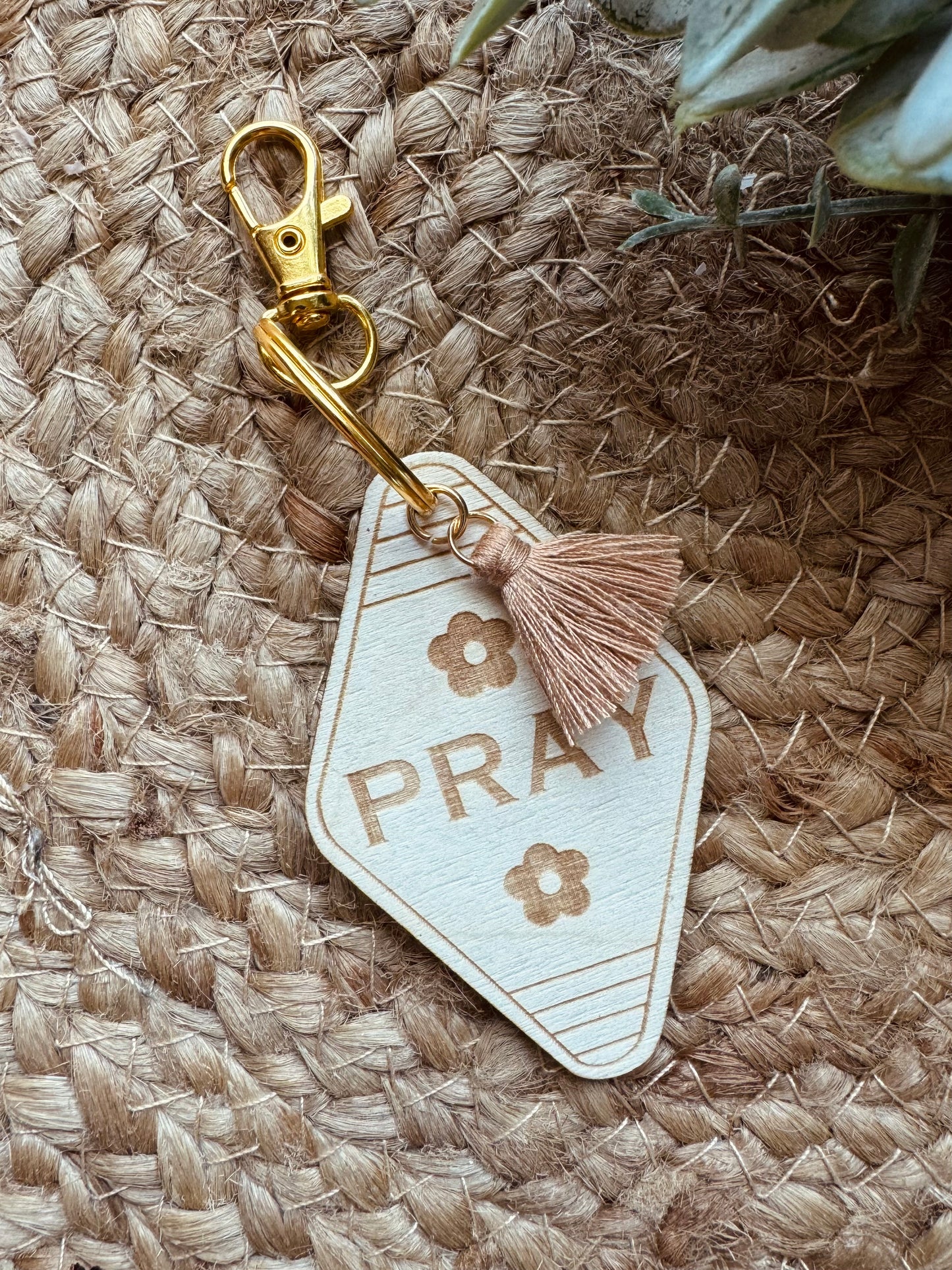 Wooden Tassel Keychain - Pray