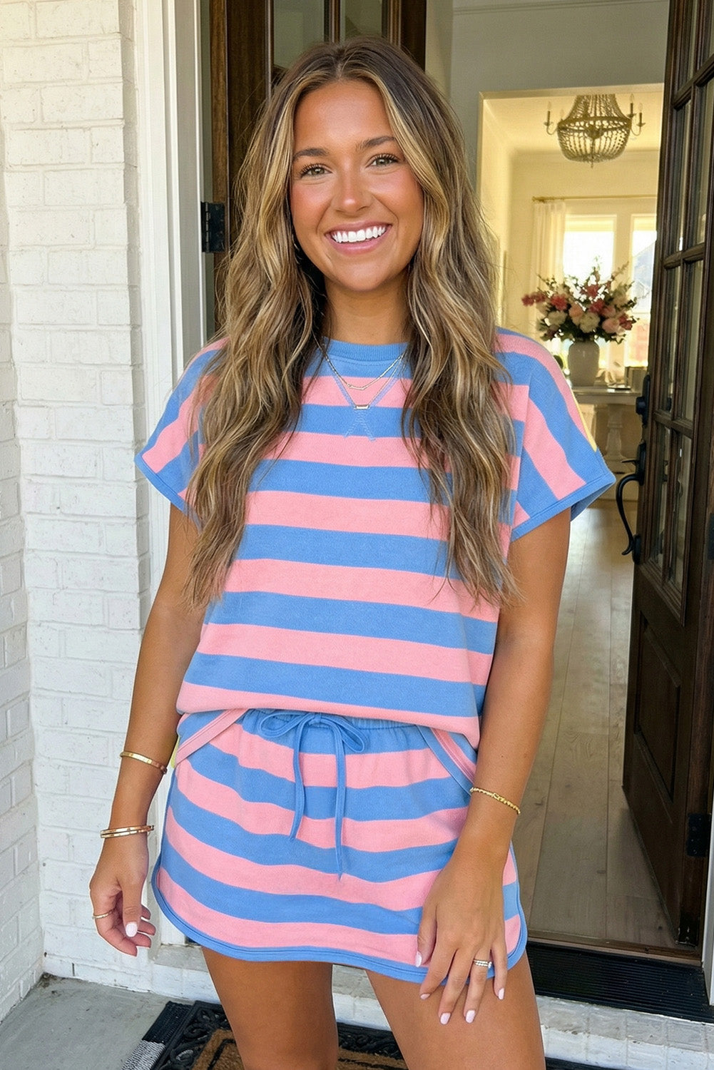 Pink & Blue Striped Skort Set
