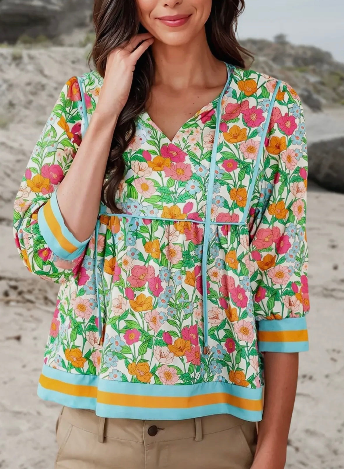 Floral Puff 3/4 Sleeve Babydoll Top