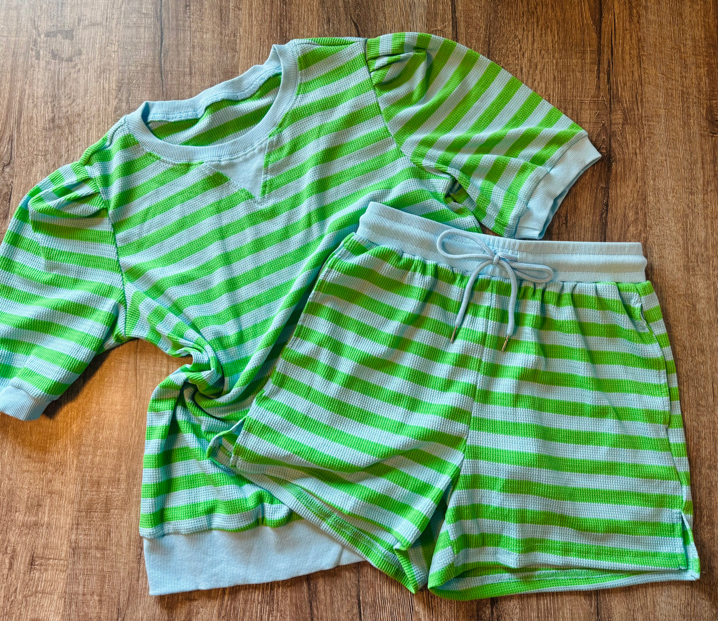 Blue + Green Striped Waffle Short Set