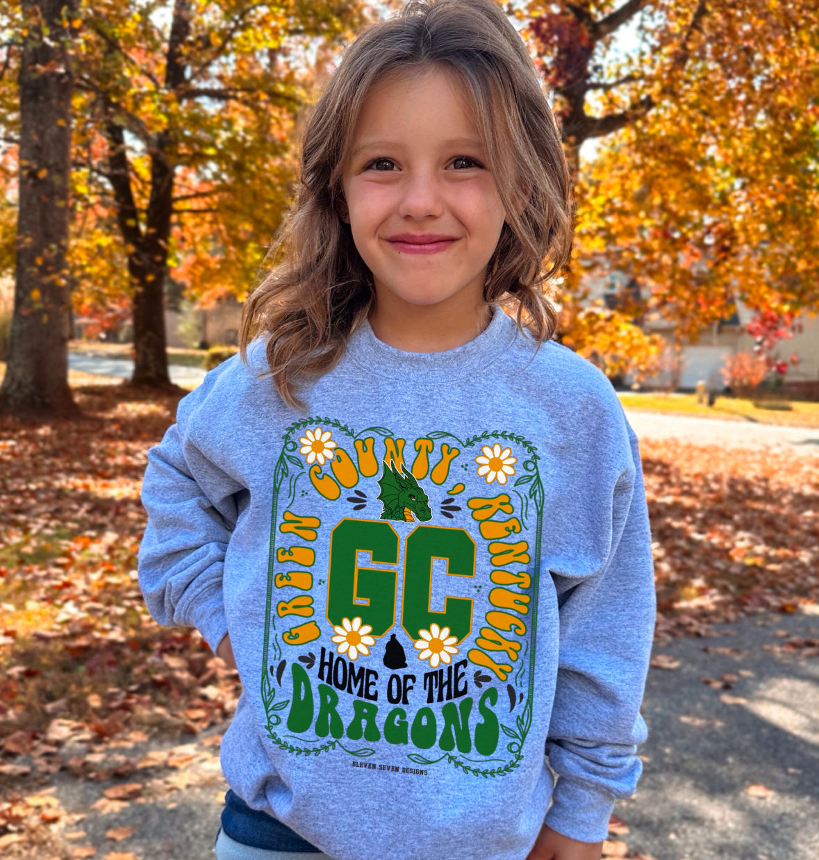 KIDS Green County Dragons Floral Design Crewneck