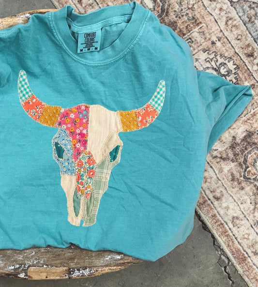 Faux Patchwork Bull Skull Tee