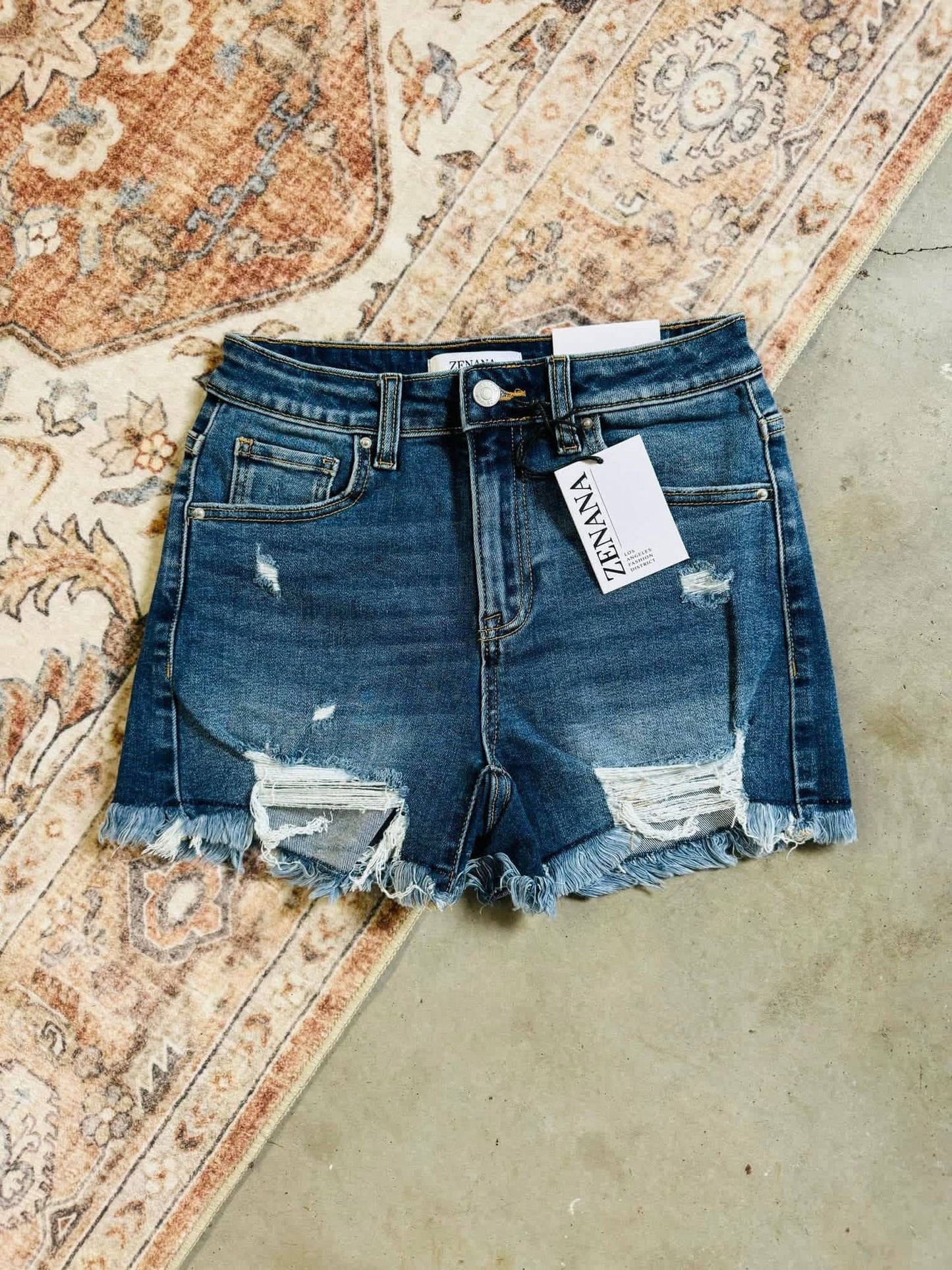 Zenana Distressed Dark Denim Shorts
