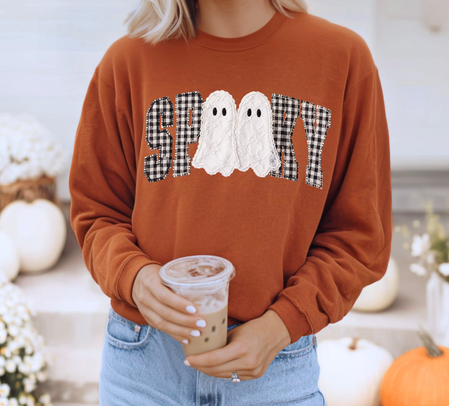 Faux Patchwork Spooky Ghosts Sweatshirt