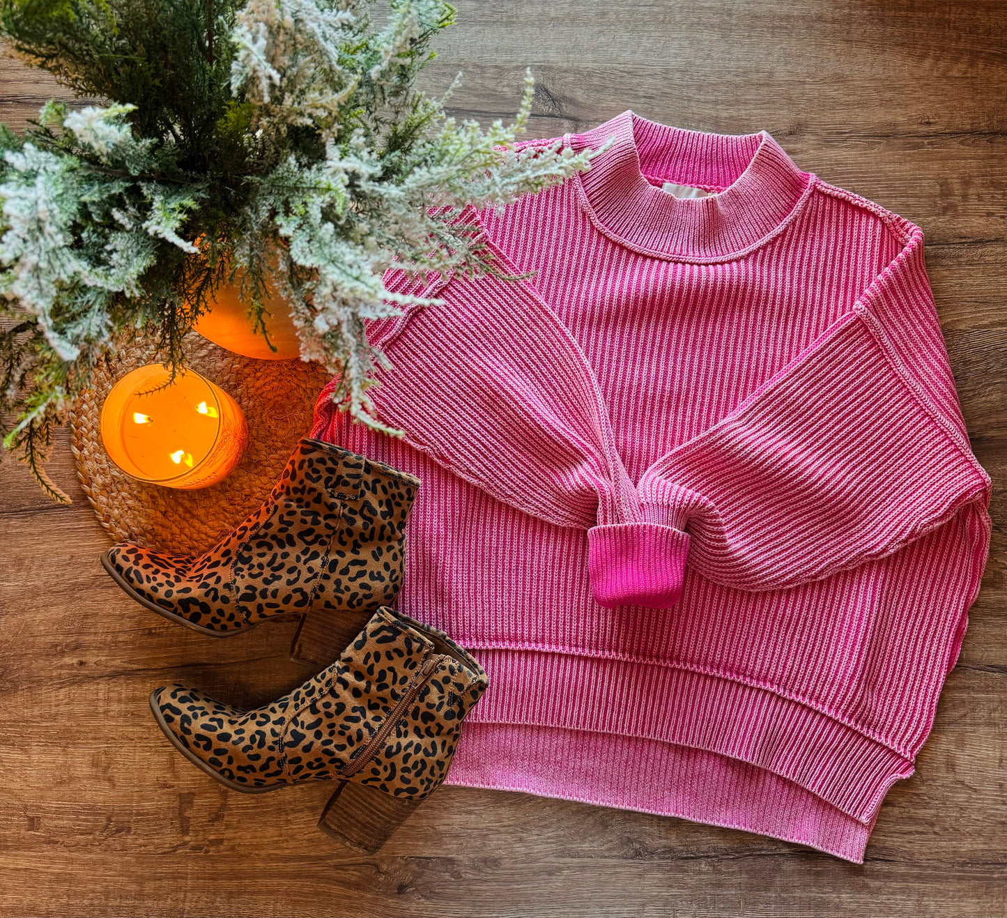 Acid Wash Cropped Knit Sweater - Fuchsia